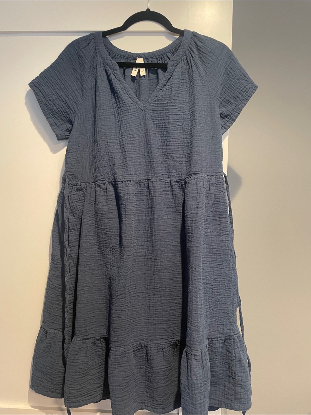 Pact Girls Navy Blue Textured Cotton Tiered Dress